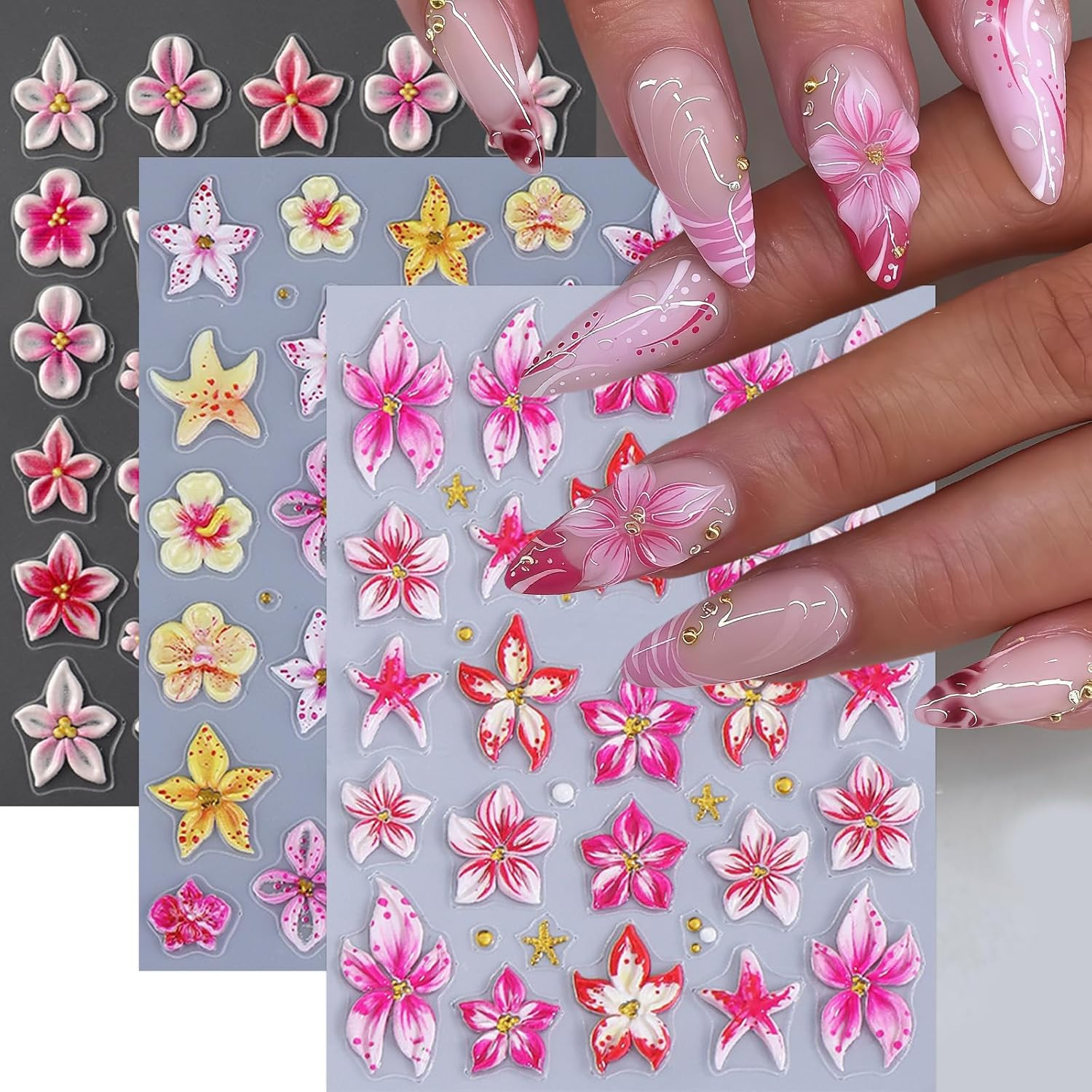 3 Sheets Flower Nail Stickers 5D Embossed Lily Flower Stickers for Nails Hibiscu