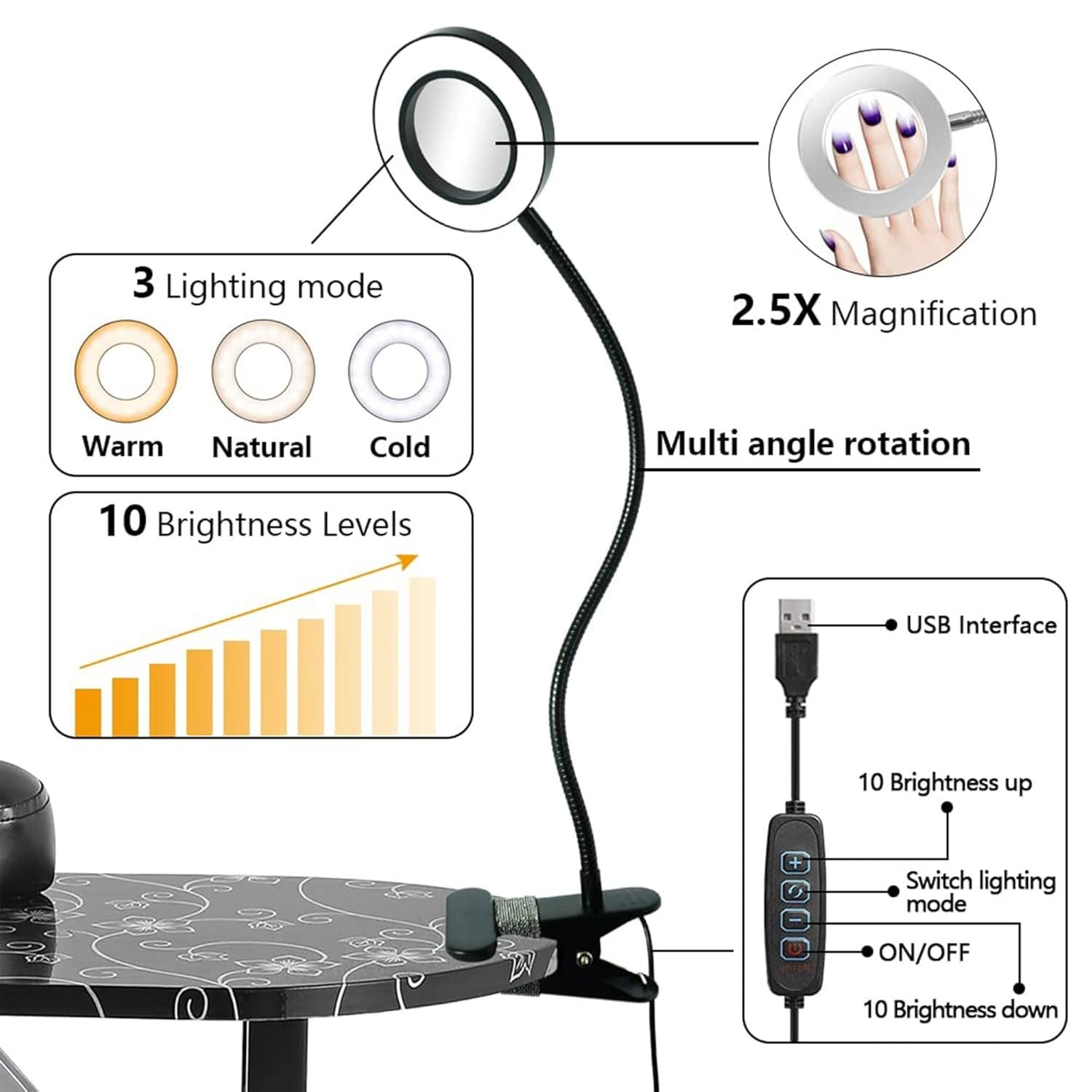 Professional Black Manicure Table 36”L with USB LED Light & Comfort Sponge Pad