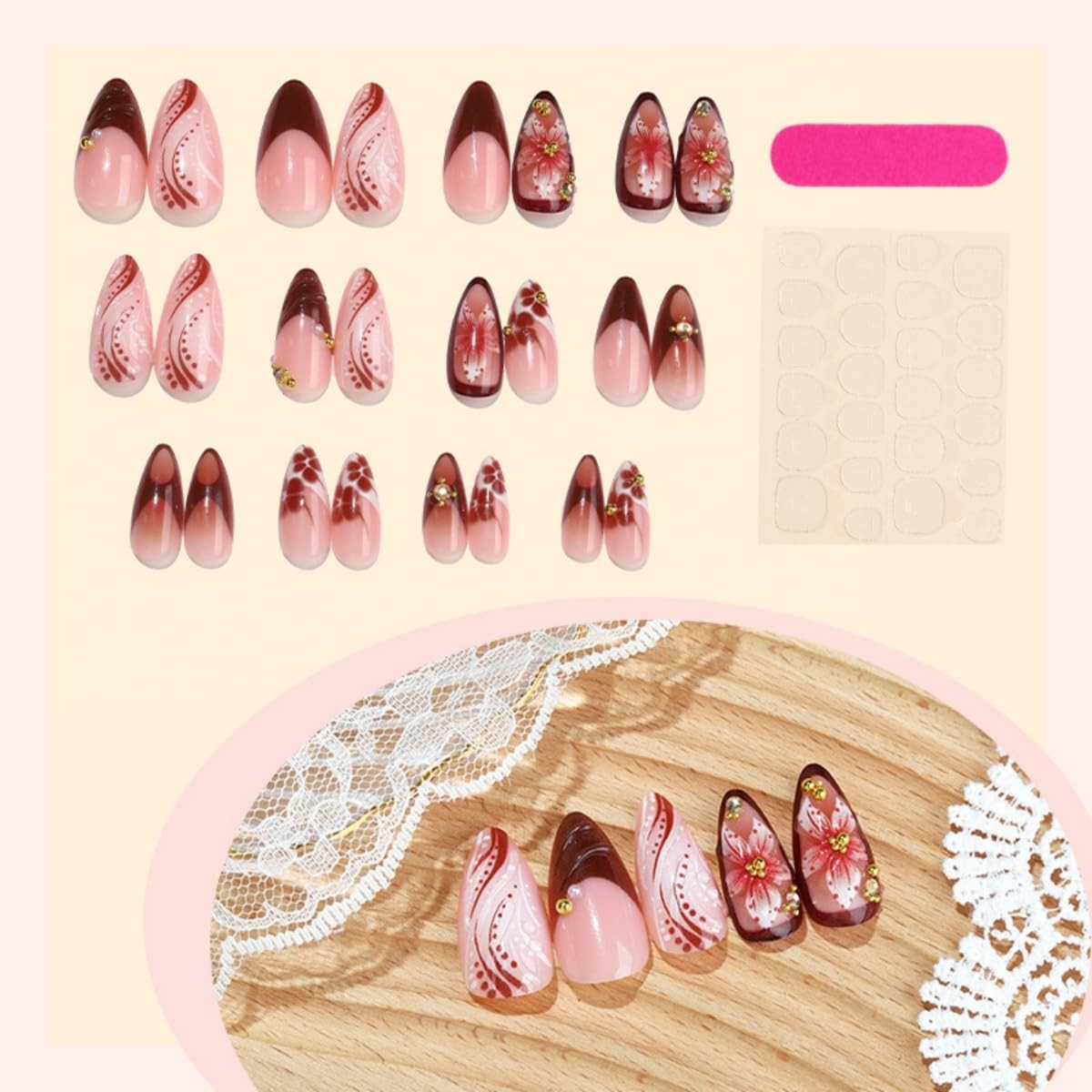 3D Flower Press on Nails Medium Almond Fake Water Medium, Style-4