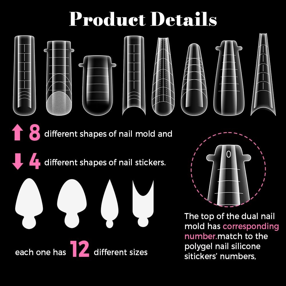 Nail Dual Forms for Poly Gel, 288PCS French Nail Forms, 8 Shapes, 12 Sizes Cl…