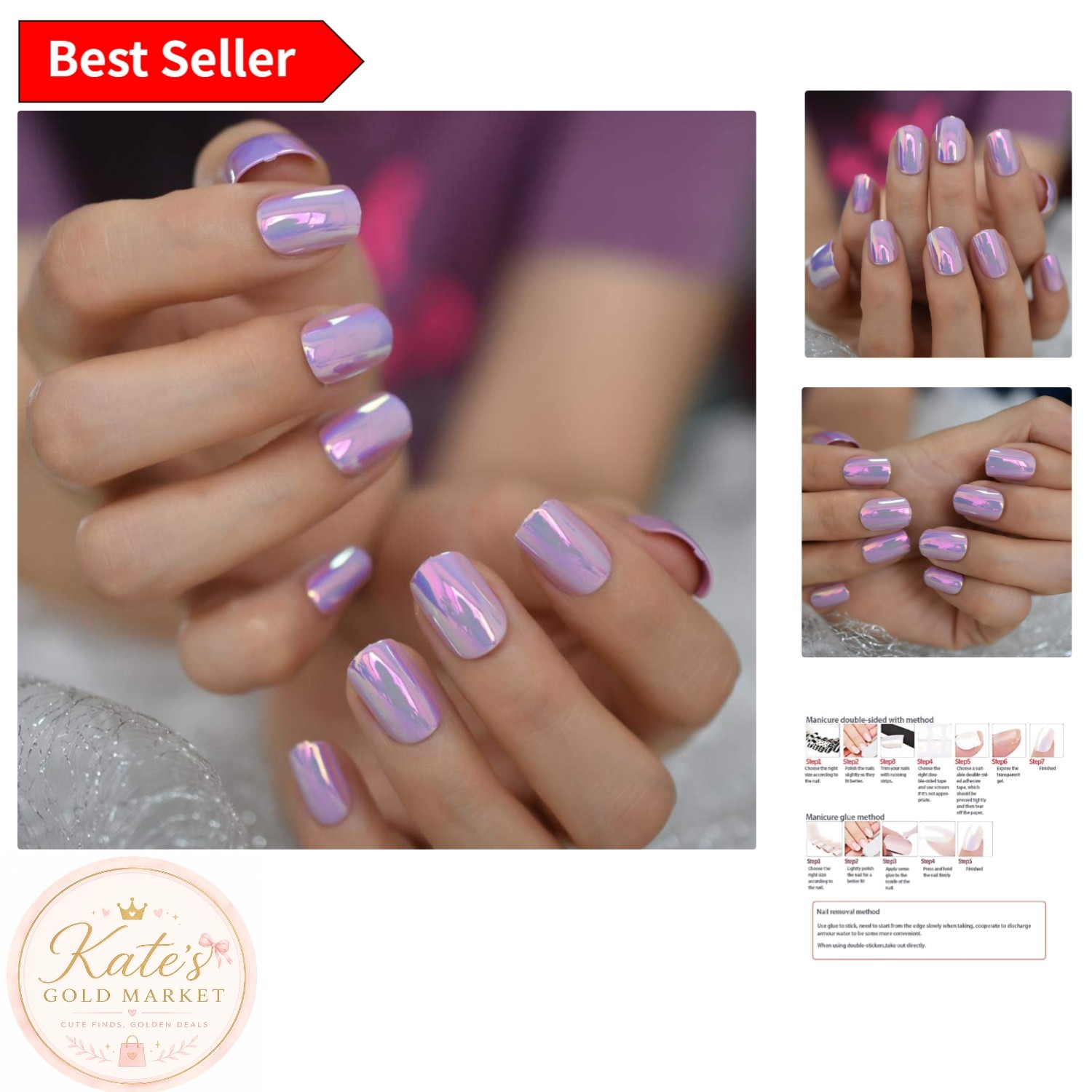 Luxury Holographic Short Square Nails in Pink Purple – 24 Count Gel Tips