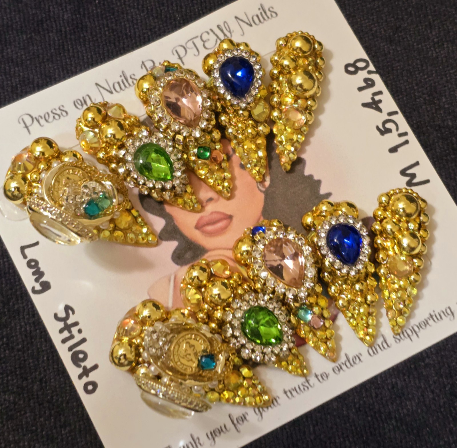 Handmade Press On Nails,Luxury Richy Girl,Medium Size 1,5,4,6,8 Long Stiletto