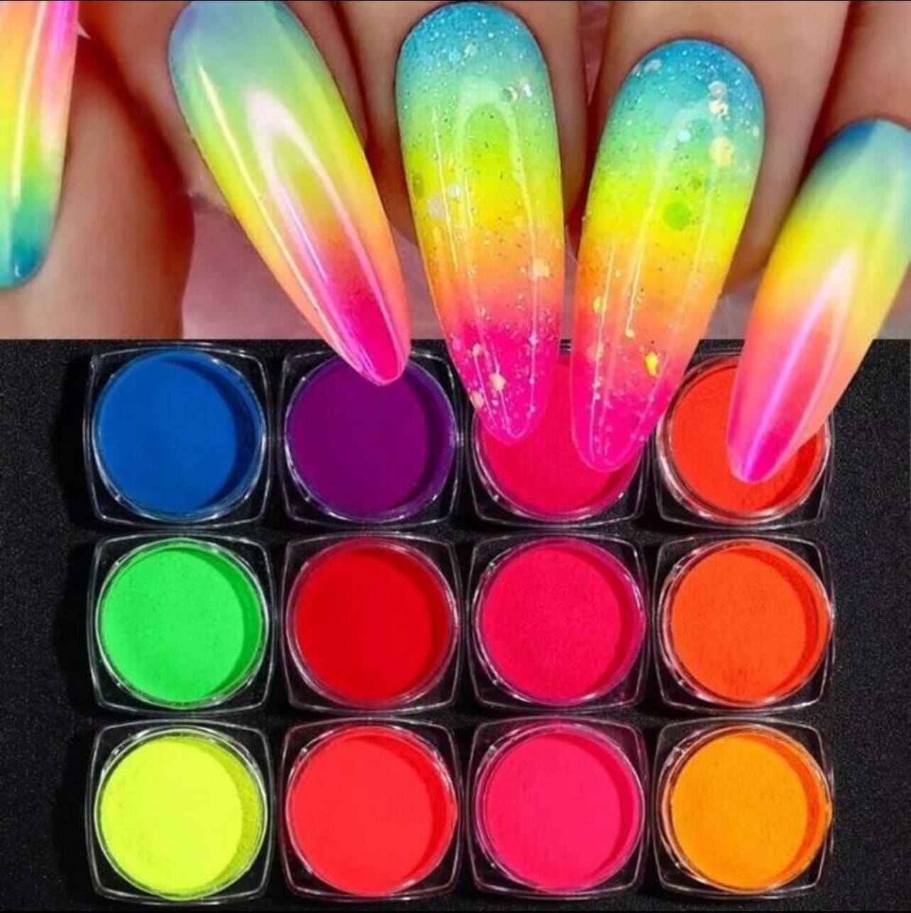 12pcs Neon Pigment Nail Powder Summer Colors Pink Green Orange Yellow Red Blue