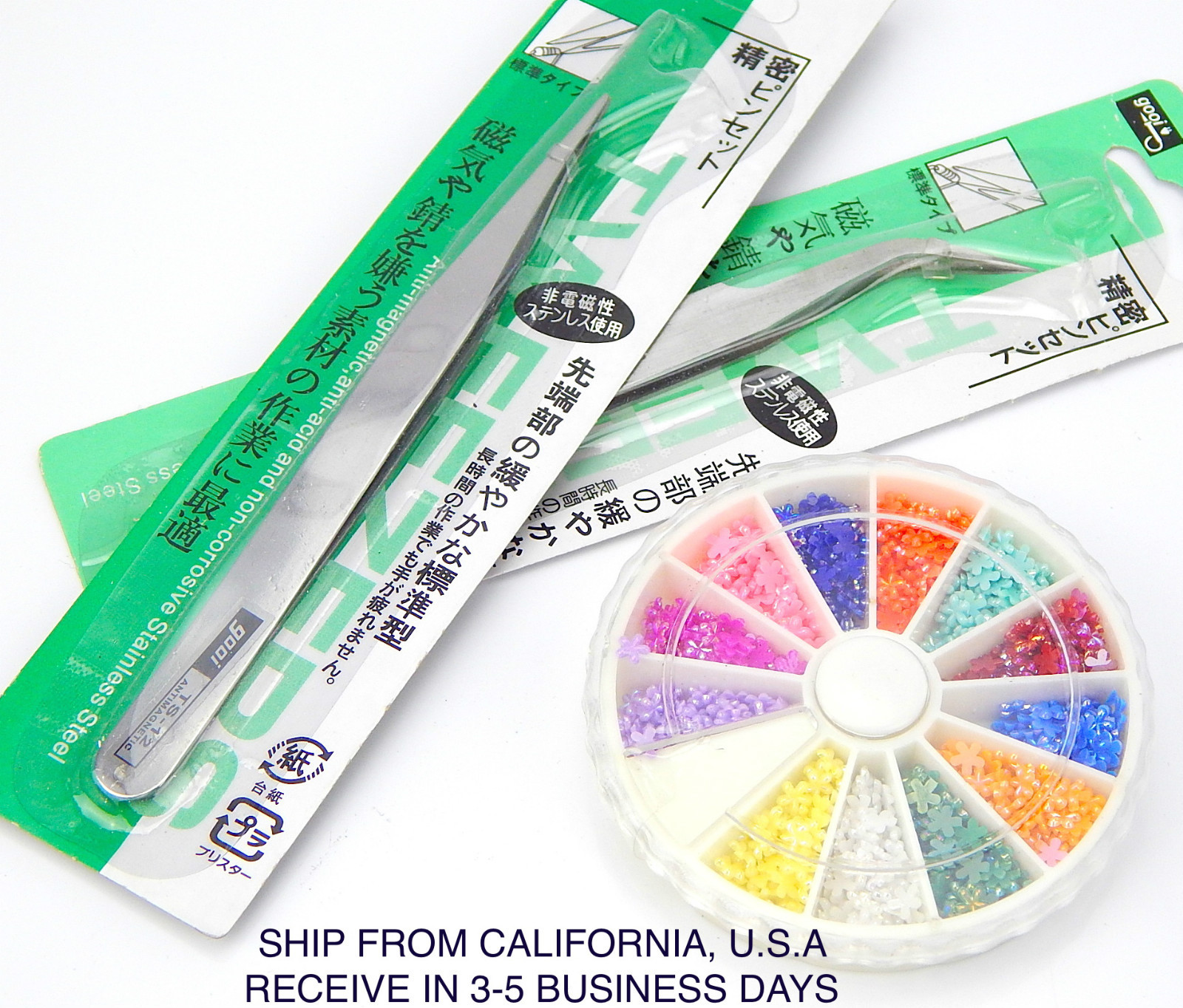 NAIL ART TIPS PEARL STAR DESIGN + 2 PCS TWEEZER SET