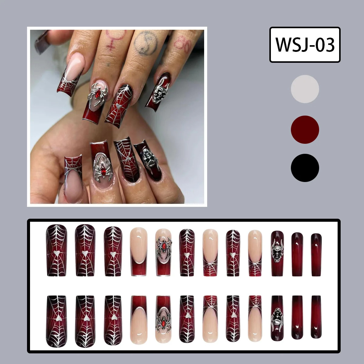24pcs Halloween Gothic 3D Spider Skull Coffin Press On Nails
