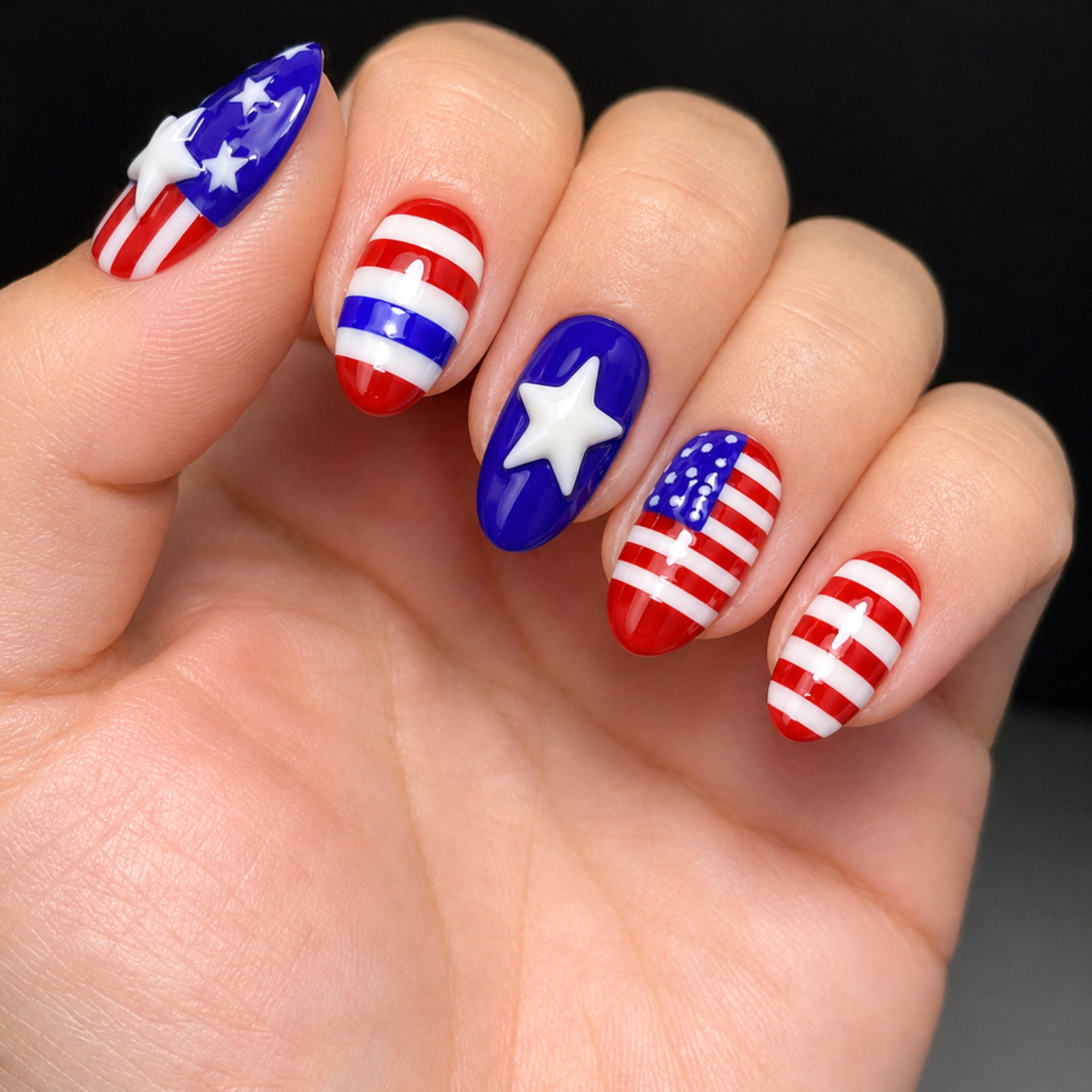 Handmade Patriotic Press On Nails Red White Blue 3D Star Oval Set