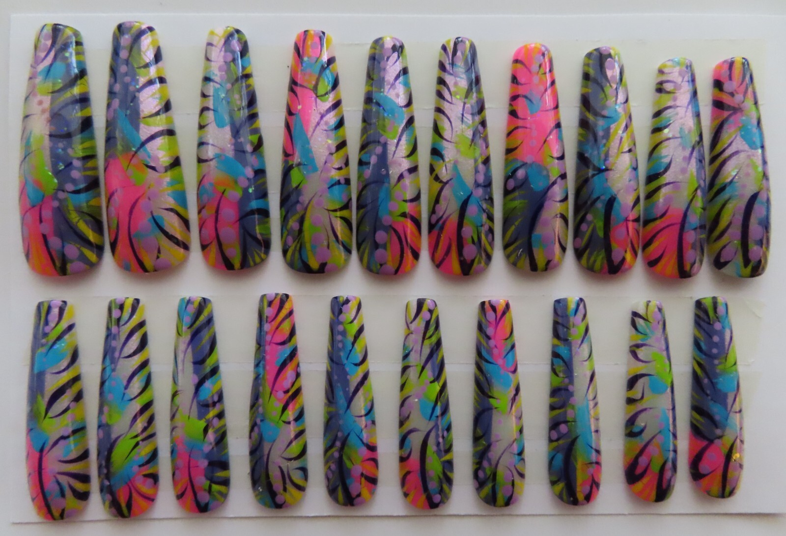 XL Pink Purple Black Blue Green Yellow Abstract Glitter Coffin Press On Nails