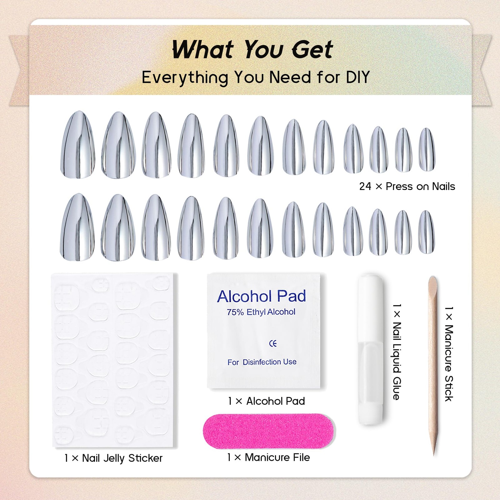 Chrome Press On Nails Almond, Metallic Sliver Mirrored Press On Nails Medium