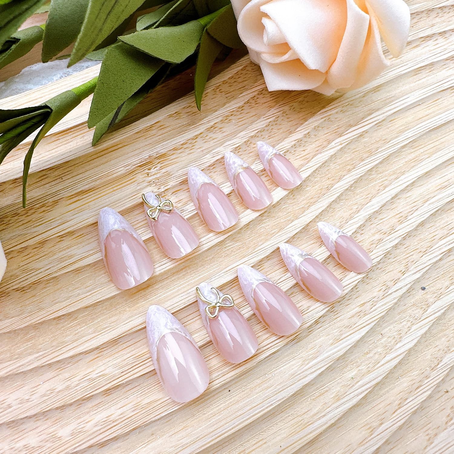 24pcs White French Tip Press on Nails Medium Almond Fake Nails with 3D Gold B…