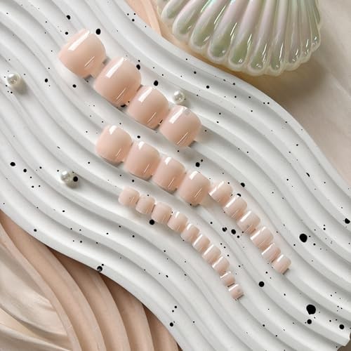 Solid Color Nude Pink Press on Toenails for Women, Glossy glossy nude pink B