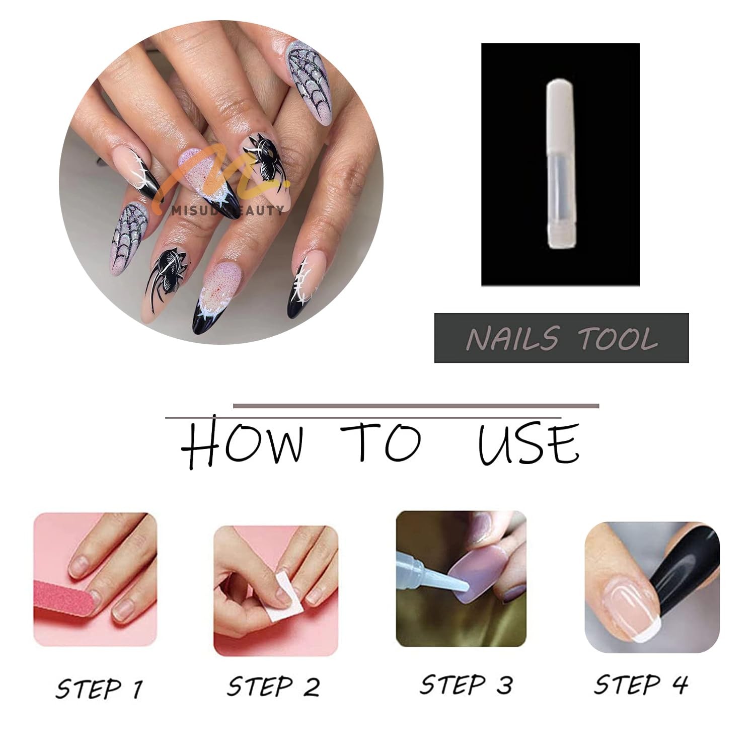 Press on Nails – Medium Almond Glue on Nails with Black French Tip, Acrylic G…