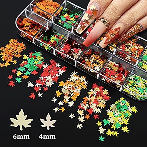 12 Grids Fall Maple Leaf Nail Art Glitter Sequins 3D Holographic Nail Art