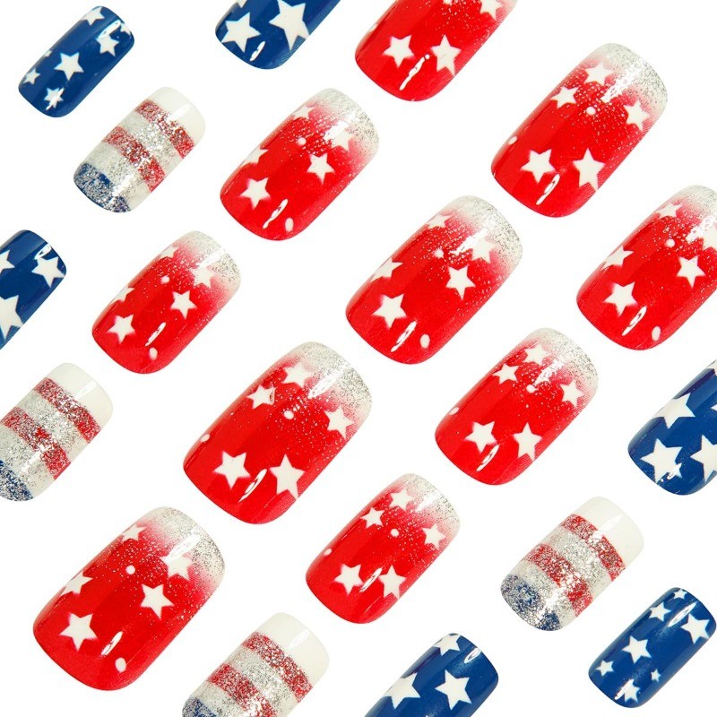 American Flag Glitter Fake Nails, Patriotic Star Stripe Press on Nails，48 Pcs