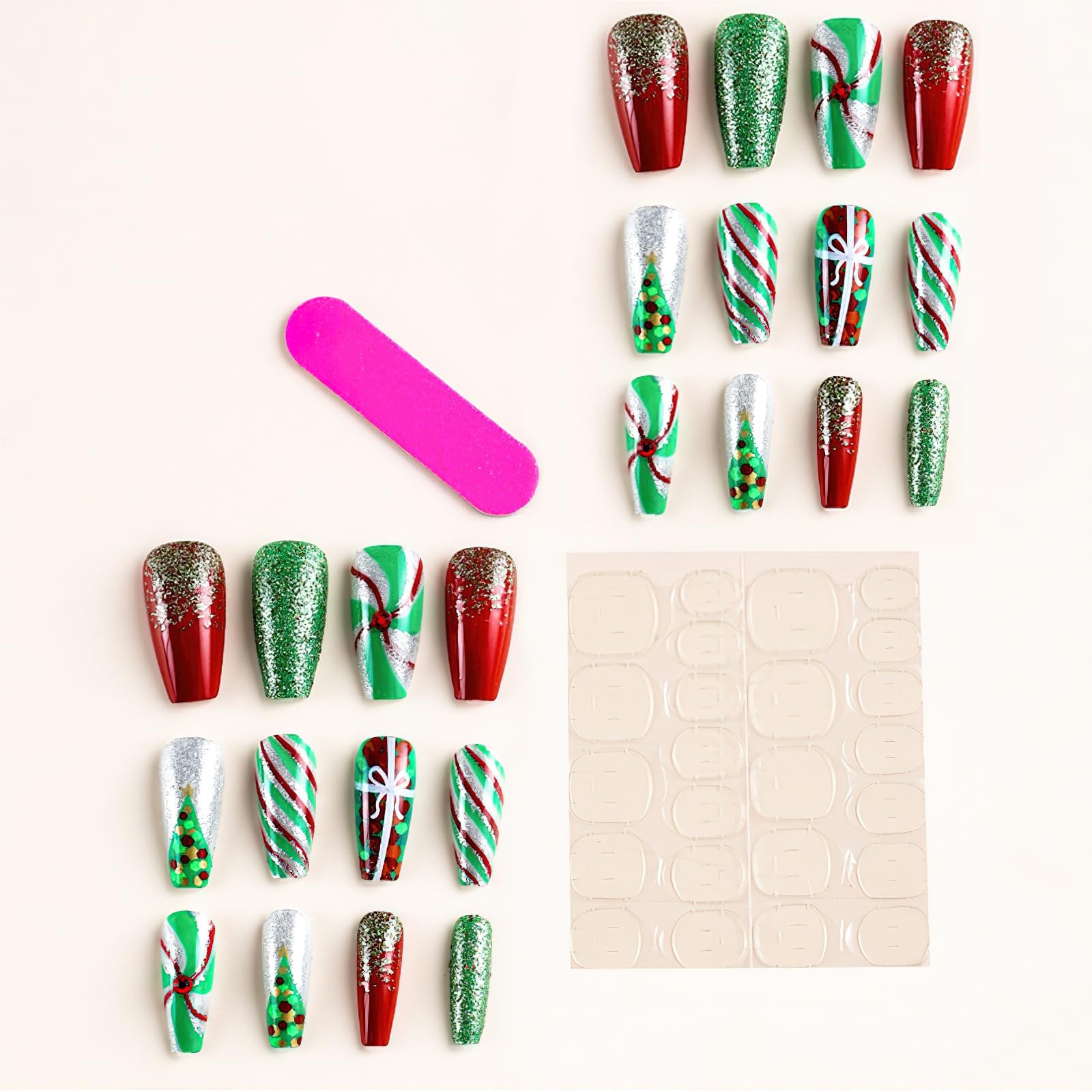 Christmas Press on Glitter Glue Nails 24pcs – Medium Square Coffin False Nail…