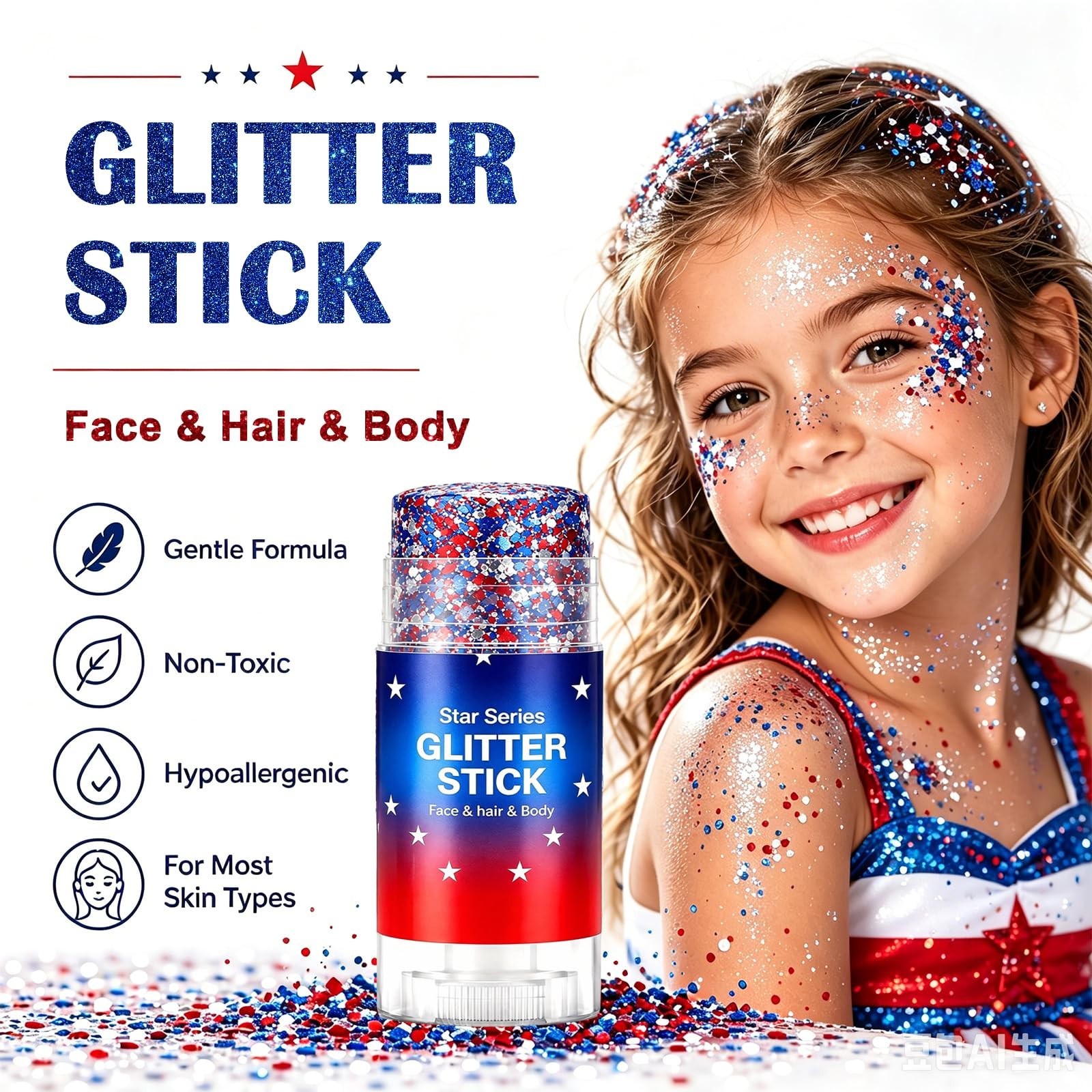 4th of July Body Glitter Stick – Red White Blue Star Face & Hair Glitter for Kid