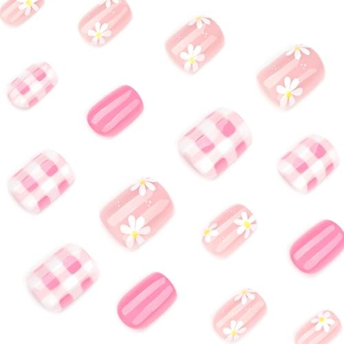Pink Press on Nails – Short Square Fake Nails Retro Plaid – Style01