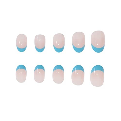 Oval Press on Nails – Short Fake Nail – Blue French Tip Round Acrylic 0236ABlue
