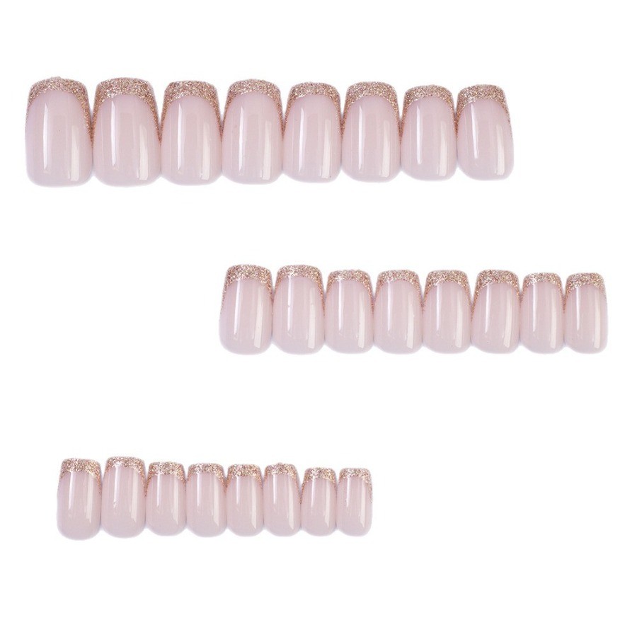 48pcs-Pink Glitter French Tip Nails, Press on Medium Square with Sparkly Ombre