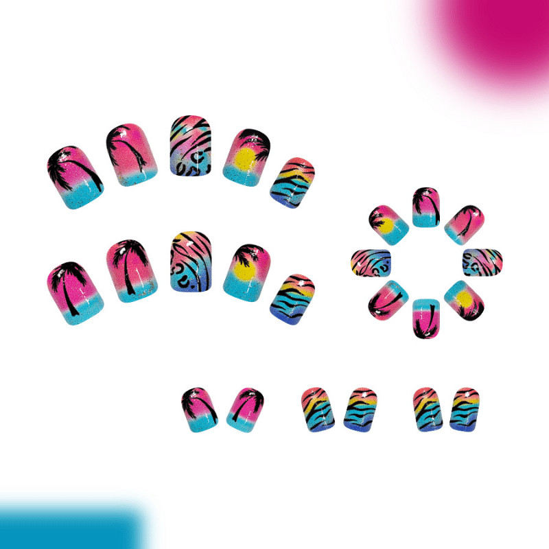 48P-Tropical Sunset Palm Tree Press on Nails Short Square Nail Art Set Handmade