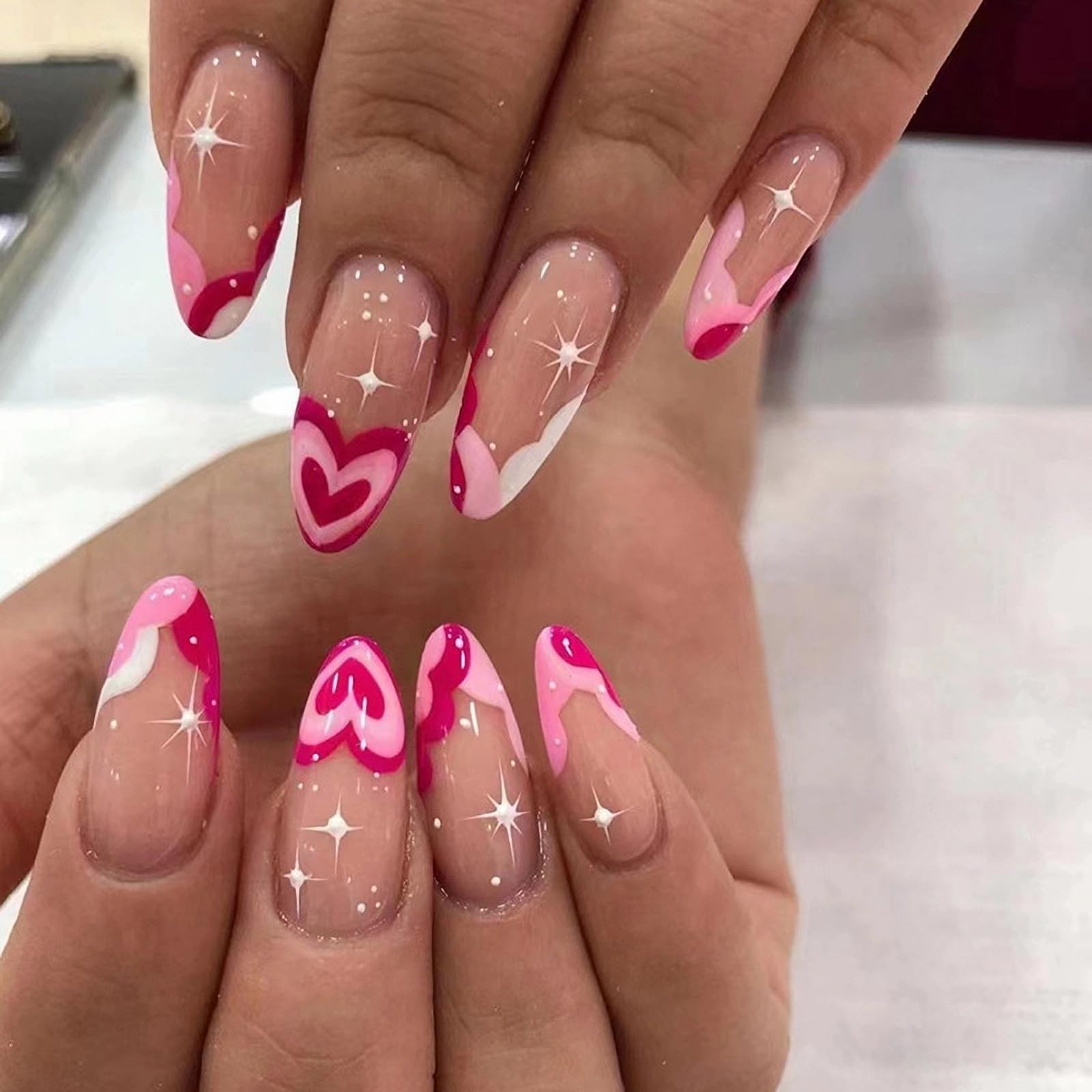 Almond Pink Heart French Glue on Stiletto Acrylic Nails 24Pcs Artificial Nail…