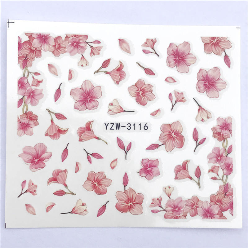 Nail Art Water Transfer Sticker Pink Flower Blossom Leaves Floral Decal Manicure