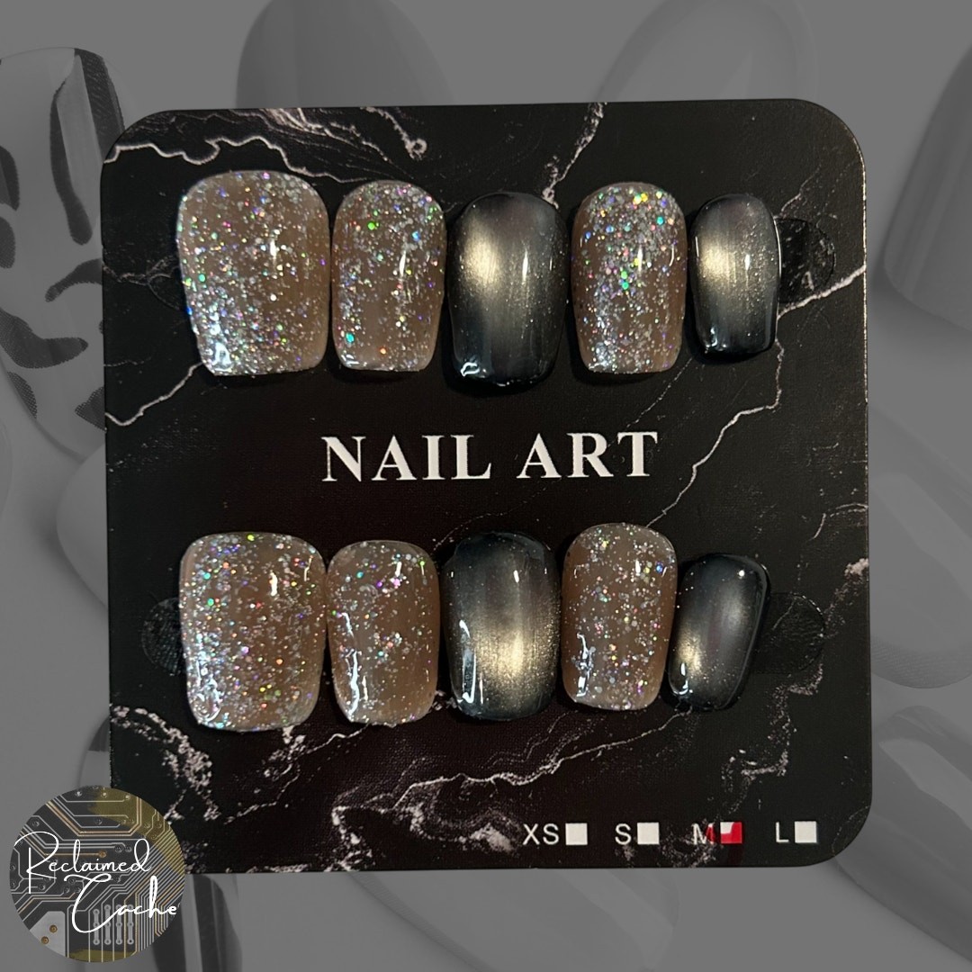 Champagne Glitter and Black Cat Eye Short Square Press On Nails – Size Medium