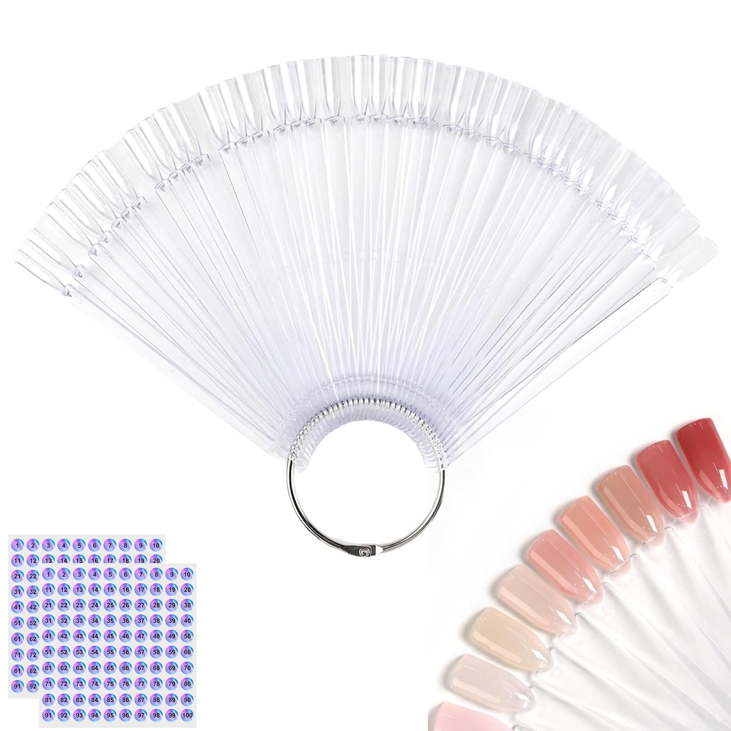 50 Pcs Clear Fan Shape Nail Color Swatches Sticks with Ring for Manicure