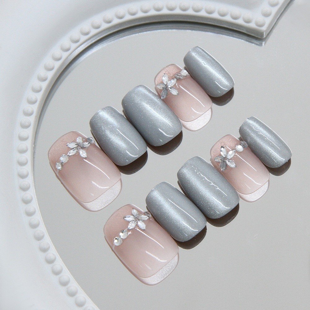 Glitter Gradient Press On Nails with Floral Accents Short Ballet Style