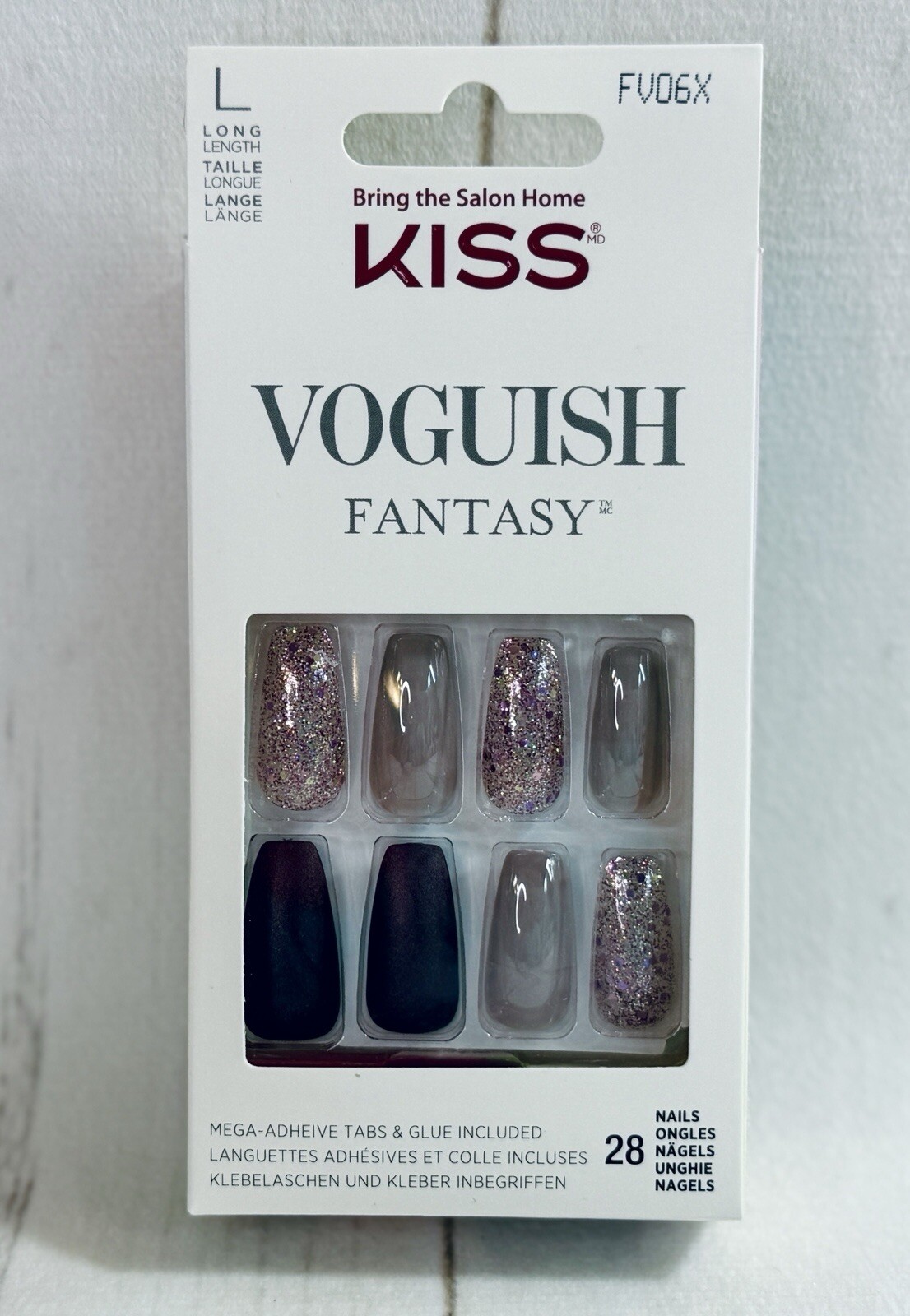 KISS Gel Fantasy Press On Glue Grey Silver Matte Long Nails FV06X Smooth Glitter