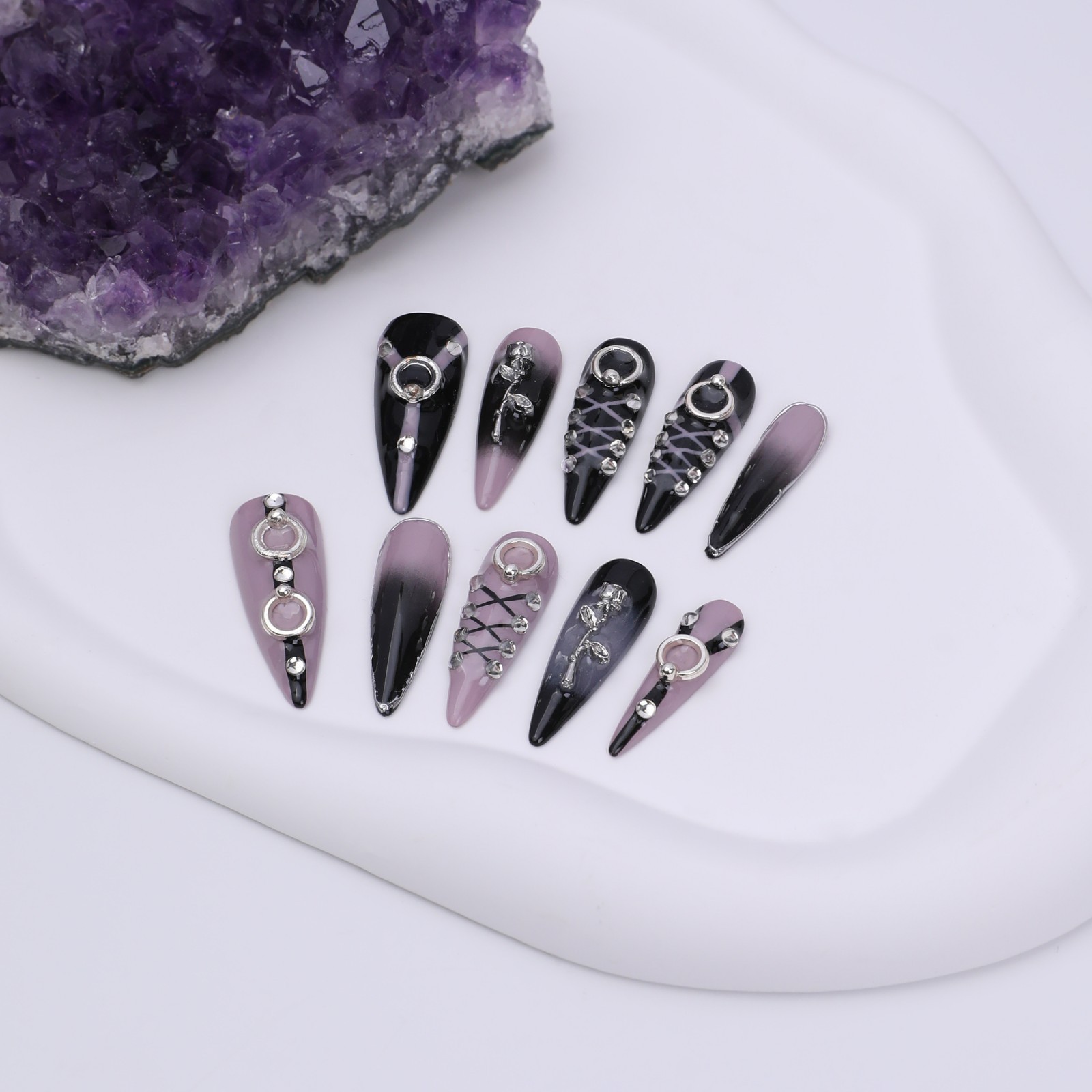 Black Purple Stiletto Press On Nails Long Gothic Rhinestone Reusable Set Glue On