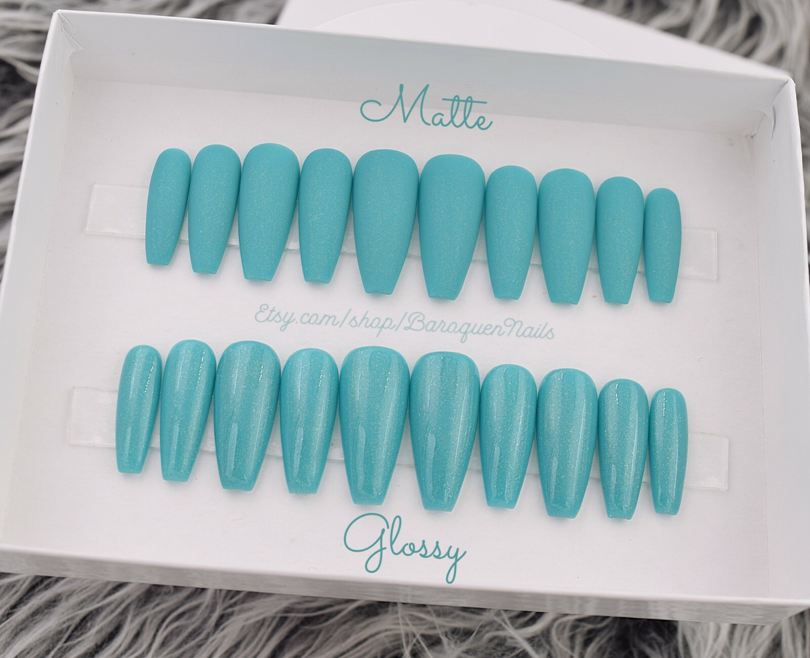 Teal Green Press On Nails Shimmer Aqua Fake Nails Turquoise MermaidGlue On Nails
