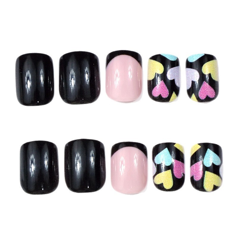 48PCS Short Square Black Powder Multi-color Heart-shaped Reusable Fake Nails