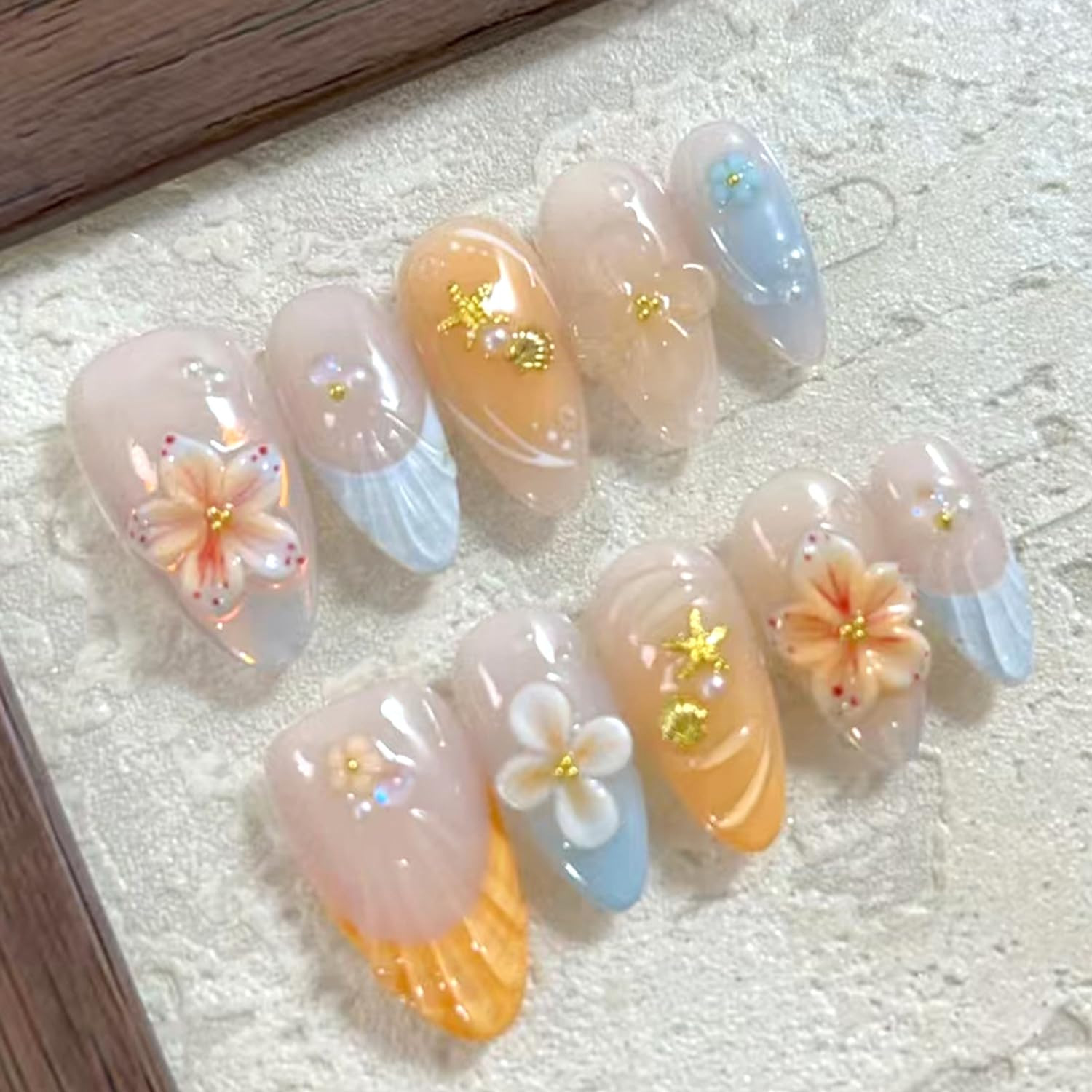 30Pcs Summer Beach Press on Nails Medium Almond Fake Nails 3D Colorful Flower De
