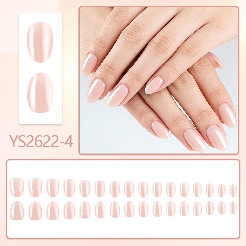 Bare Apricot Press on Nails Electroplating Short Oval Fake Nails with Solid C…