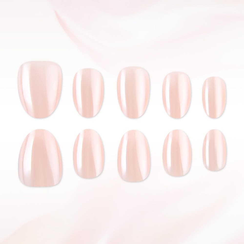 Bare Apricot Press on Nails Electroplating Short Oval Fake Nails with Solid C…