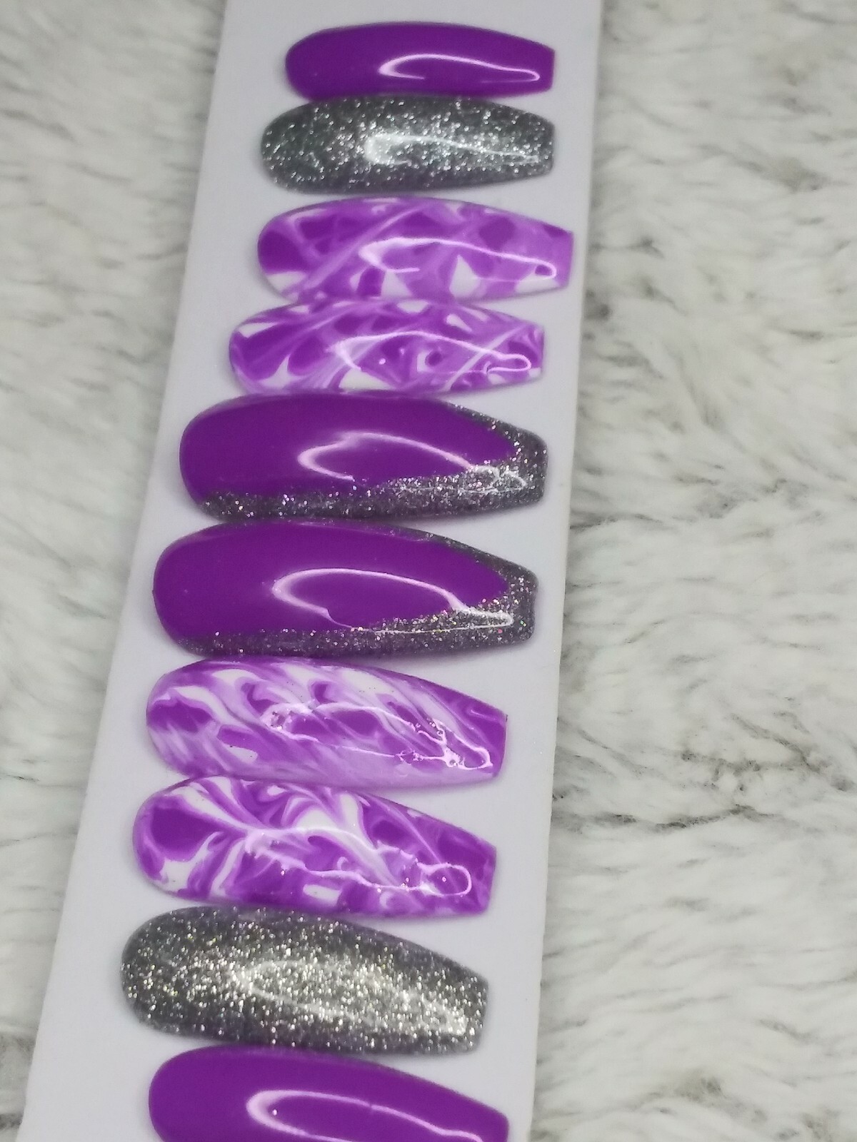 Purple white & silver holographic glitter tie dye press on nails long coffin
