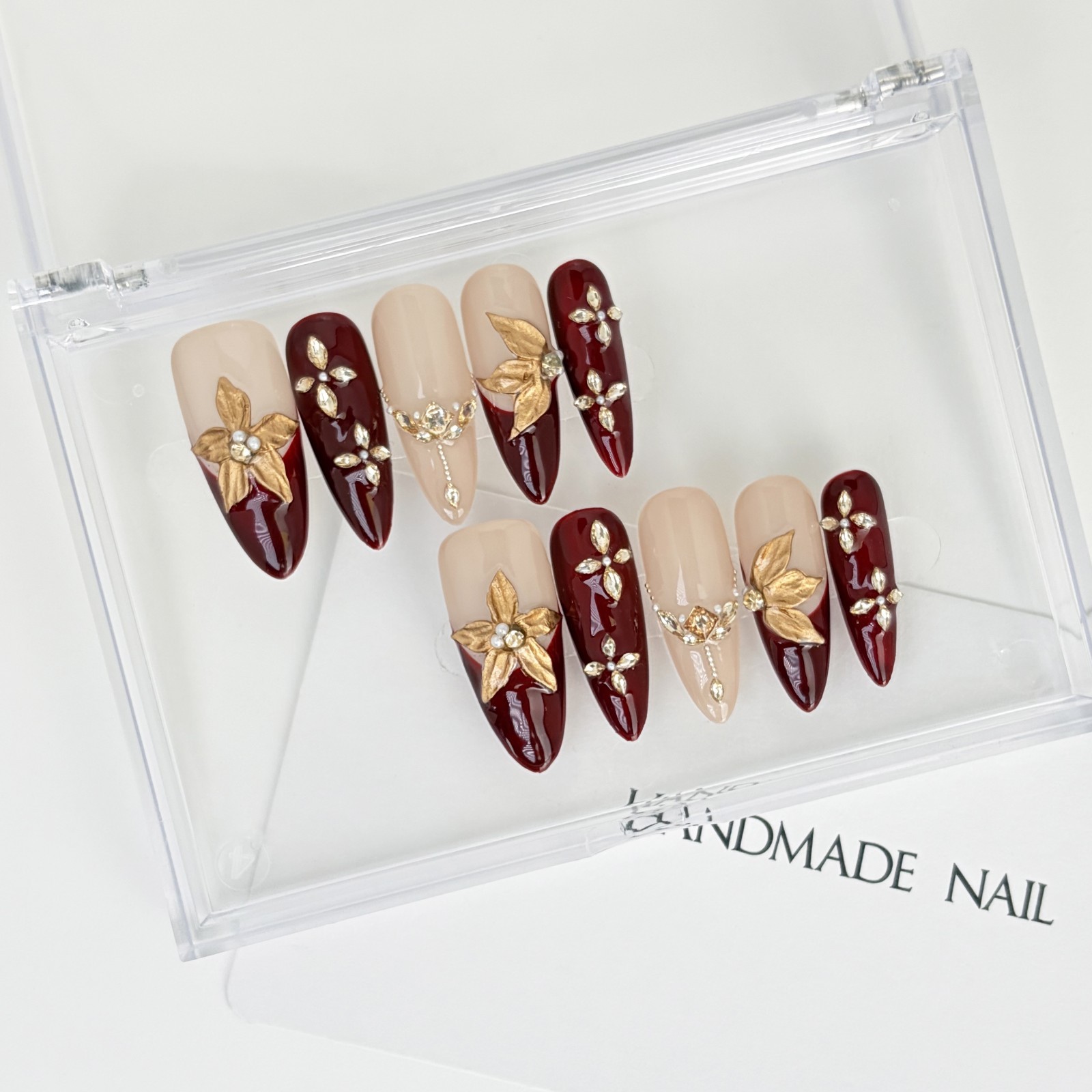 Vintage Gold Maple Leaf Red Press-On Nails with Pearls & Rhinestones Long Almond