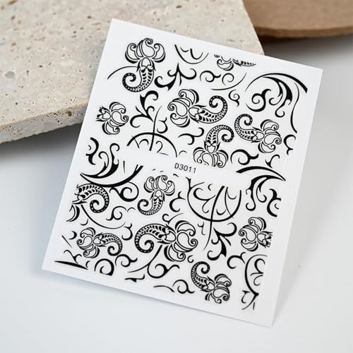 30 Sheets Lace Nail Art Stickers 3D Black Flower Lace Nail Decals Self Style 6