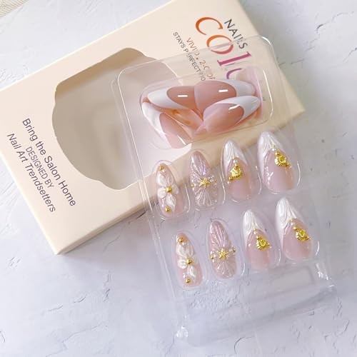 3D Press on Nails Almond Medium Length Embossed Flower Fake Nails with style-23