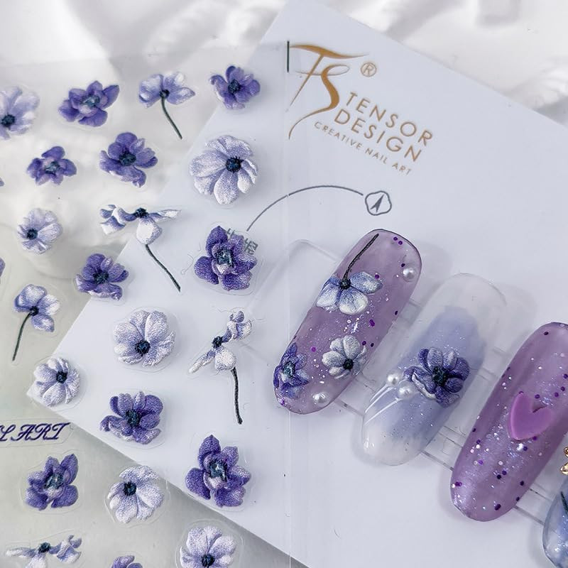 Flower Nail Art Stickers 5D Embossed Purple Floral Nail Stickers for Nail Art Se