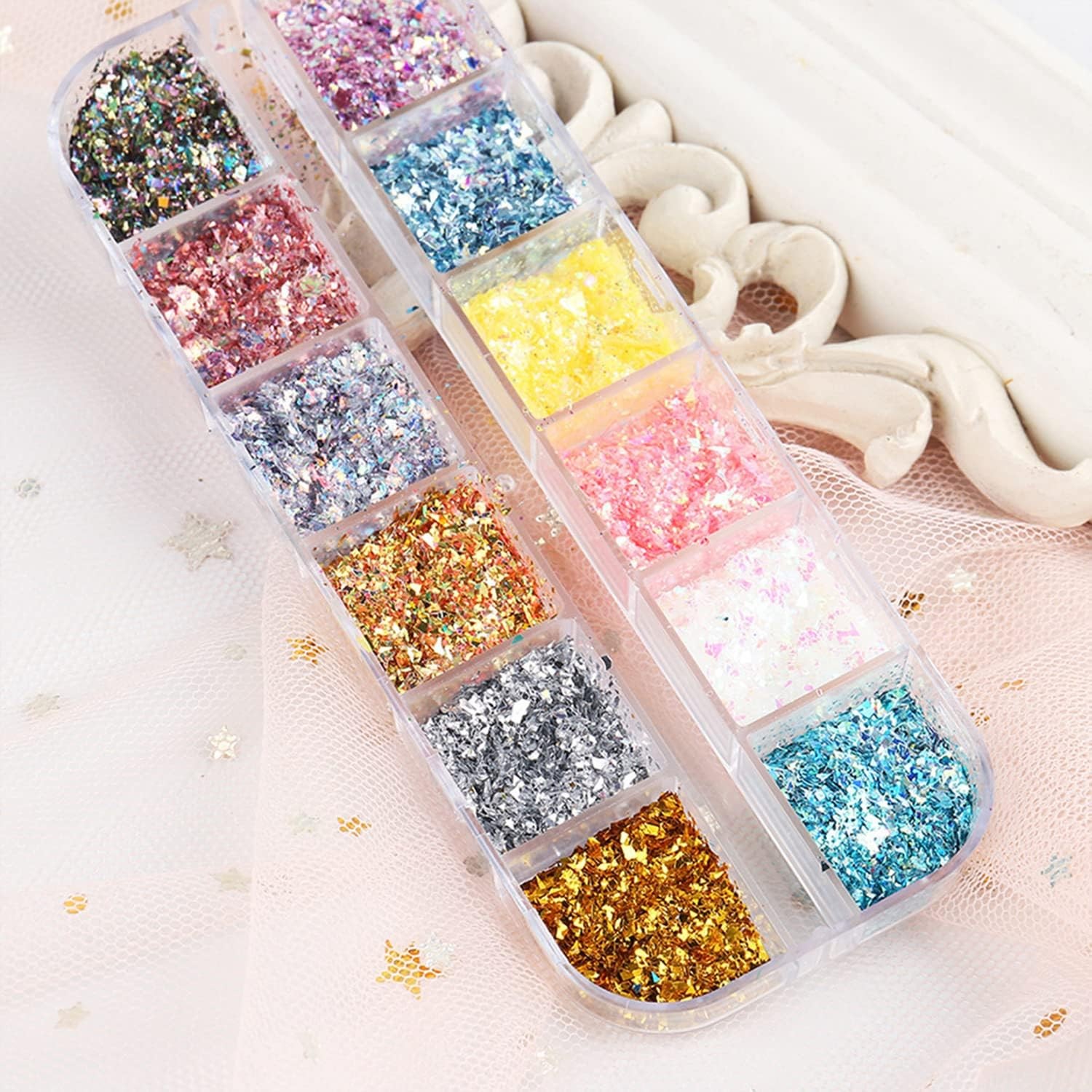 12 Colors Holographic Glitter Flakes Irregular Shiny Sequins for 3D Acrylic Nail