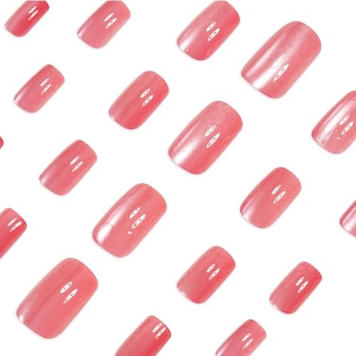 Cat Eye Press on Nails Medium Square Glue on Nails Glitter Glossy Fake Solid