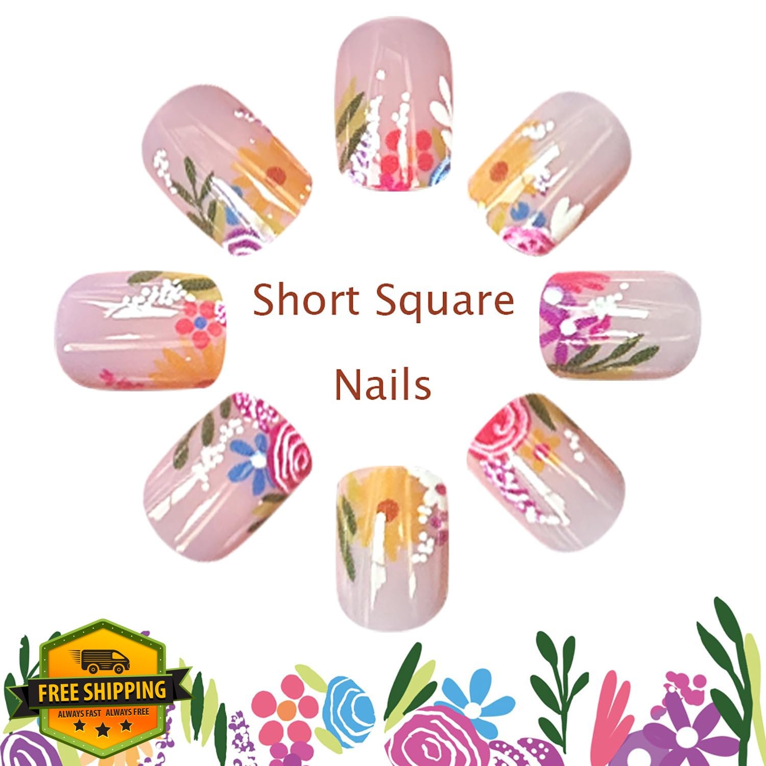 Short Square Press On Nails Nude Daisy Design Acrylic Full Cover 24Pcs