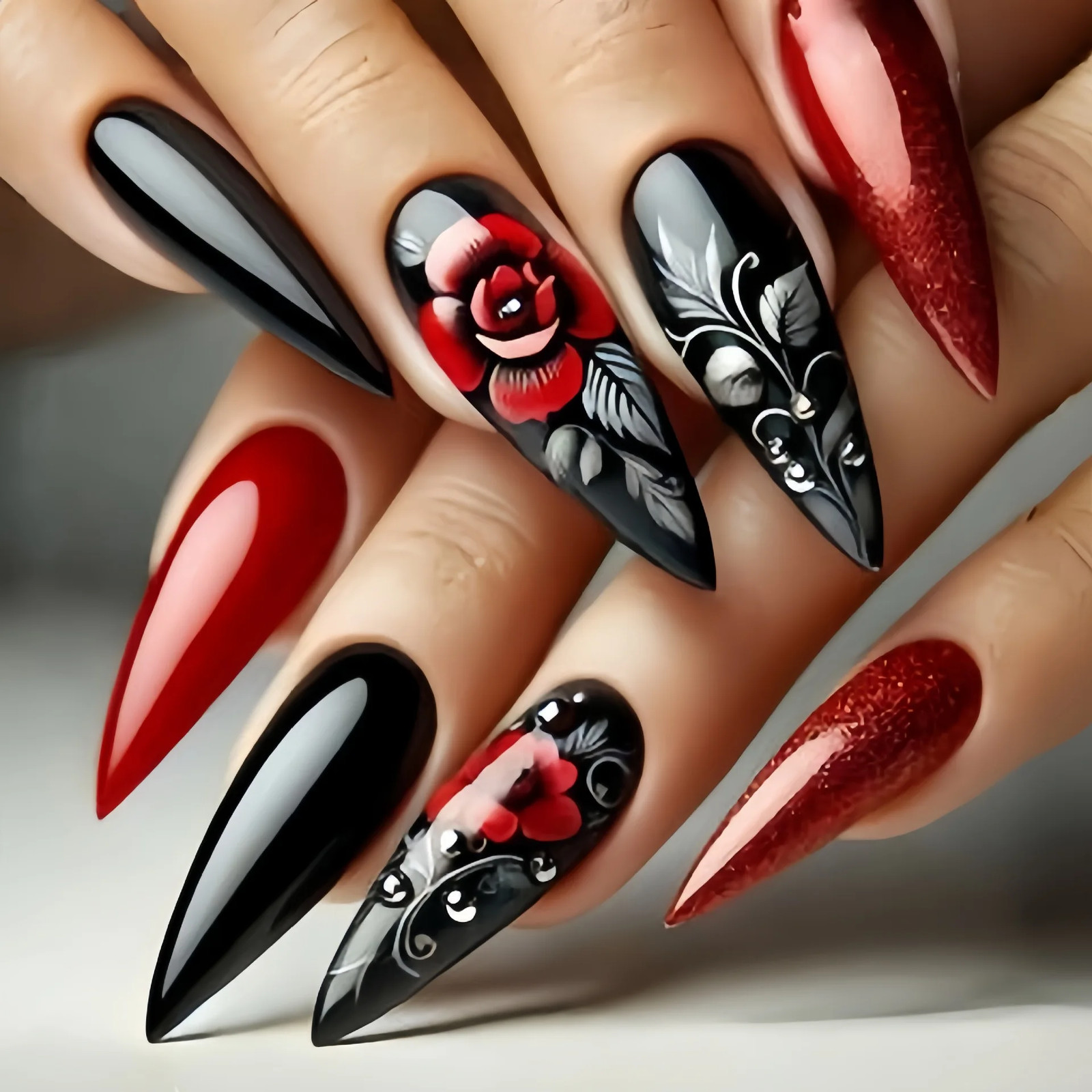 24pcs Valentine’s Day Press On Nails Gradient Red Black Cute Heart Rose French