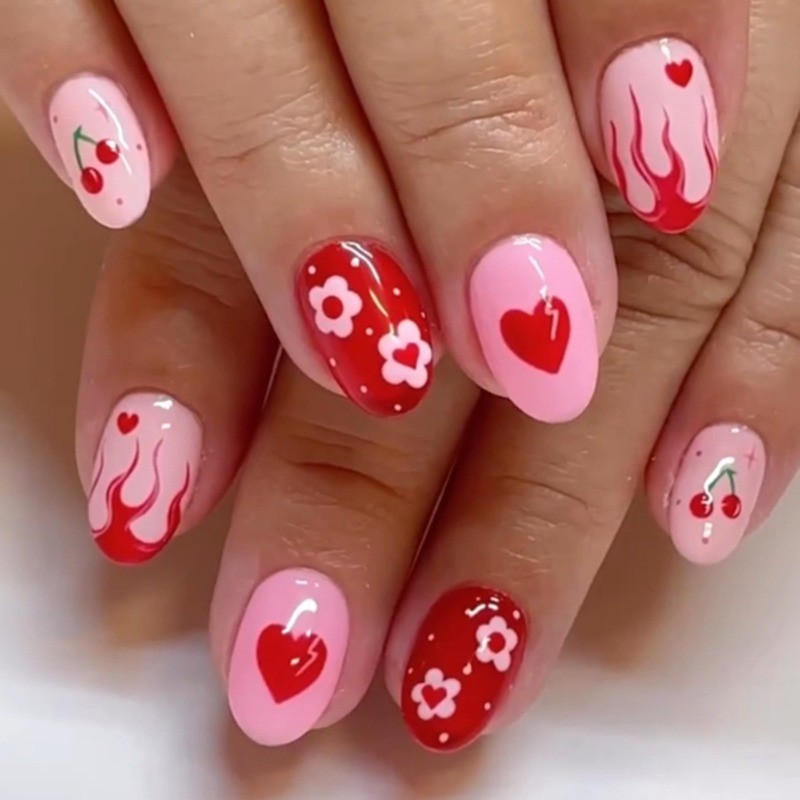 48 Cute Cherry Nails with Heart Shaped Flame Pattern Smooth Fake Nails