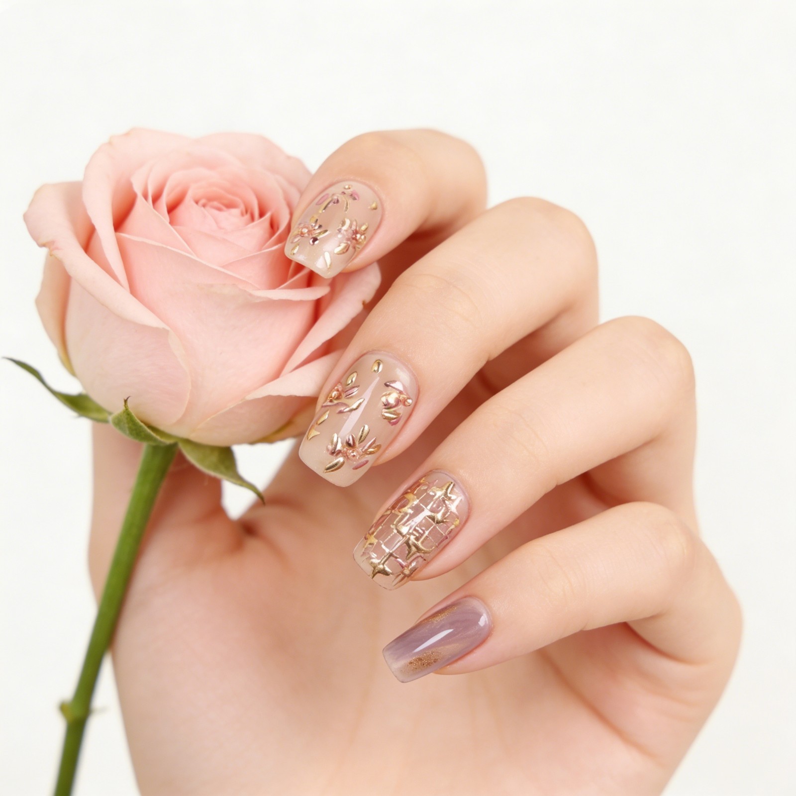 Pink Purple Press On Nails Short Square Gold Flower Pearl Handmade Set gift