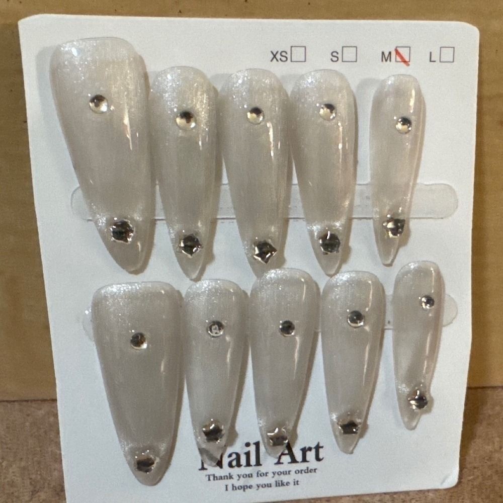 Silver Cat Eye Press On Nails Long Stiletto Rhinestone Accents Size Medium 10pc