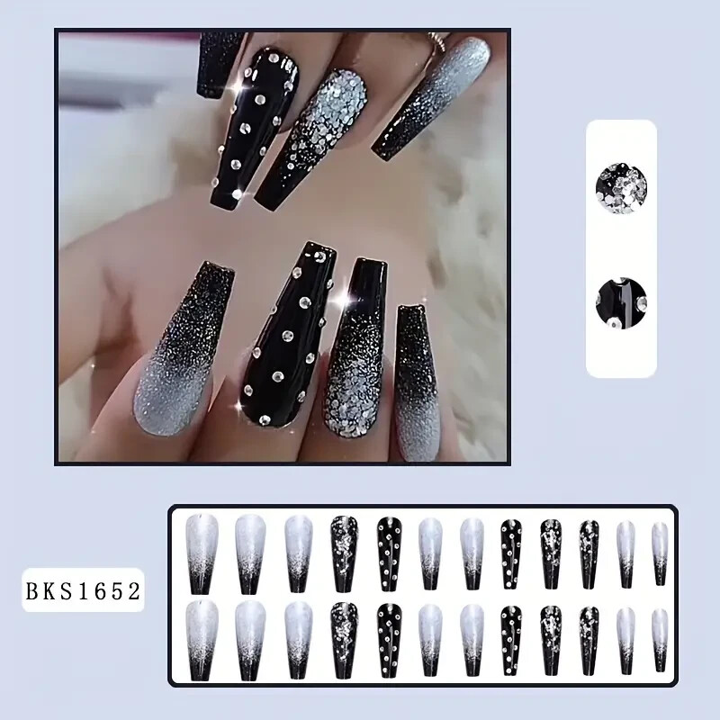 24pcs European And American Style Fake Nails, Black Gradient Press On Nails