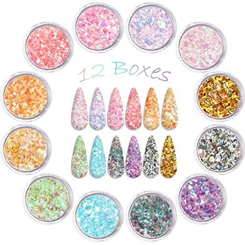 12 Color Mermaid Nail Chunky Glitter Ultra Thin Fluorescent Glass Paper Flakes