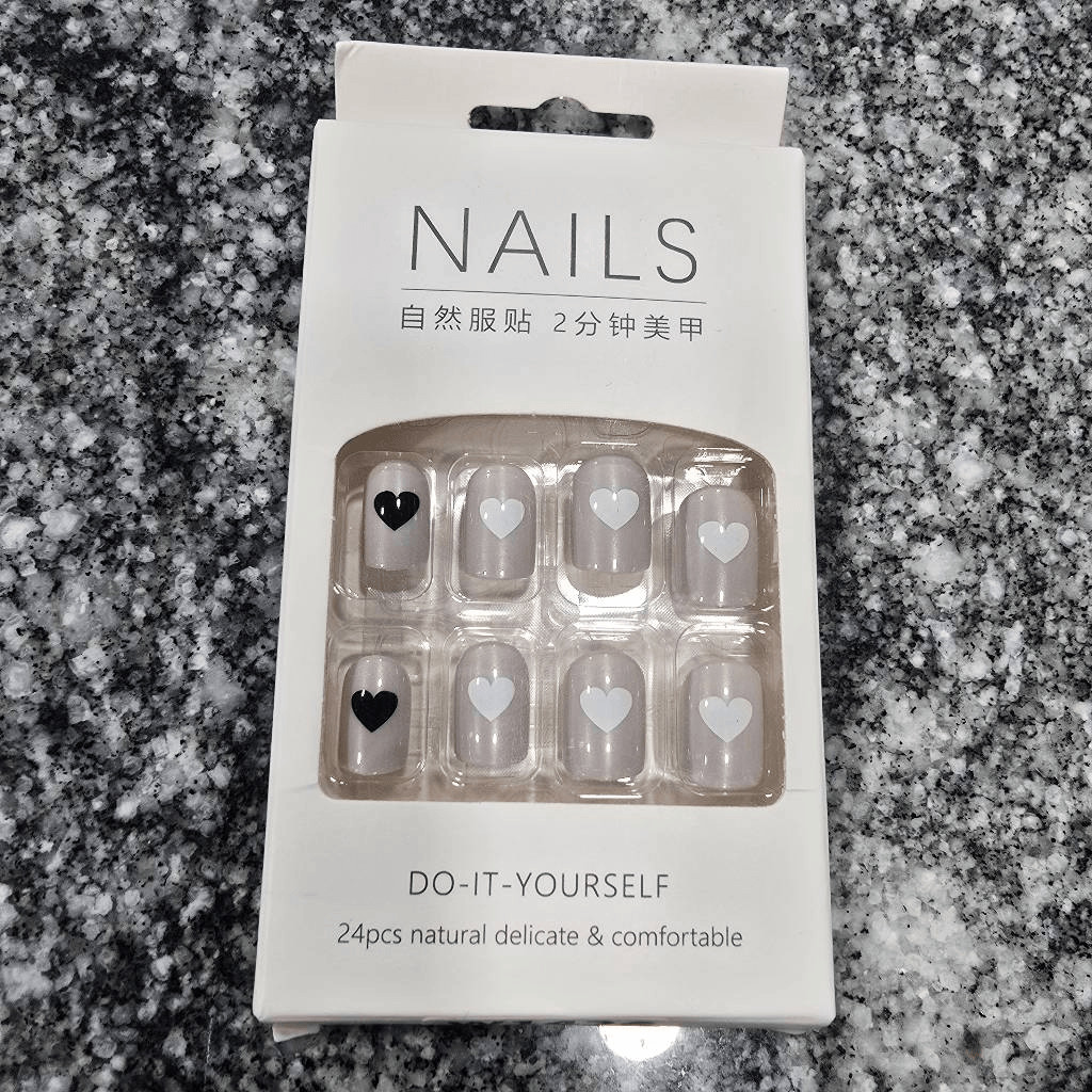 Set of 2 Press-On Nail Kits 24pcs Each | Nude Rhinestone & Neutral Heart Design